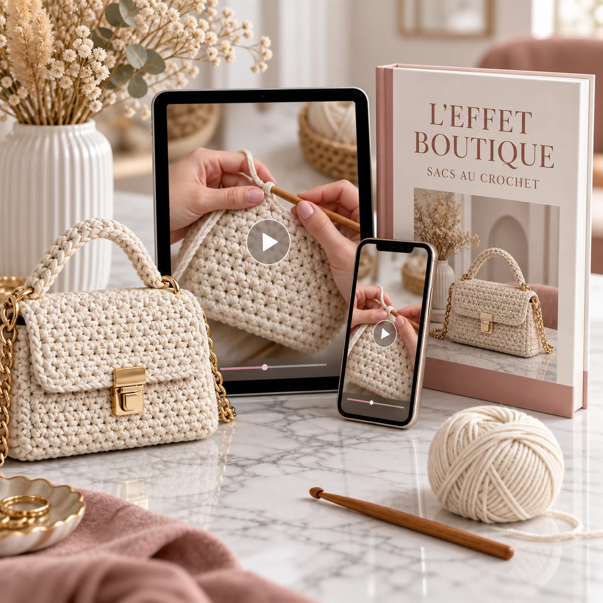 L'Effet Boutique : le livre des 15 patrons, la tablette avec le cours en vidéo et un sac au crochet terminé